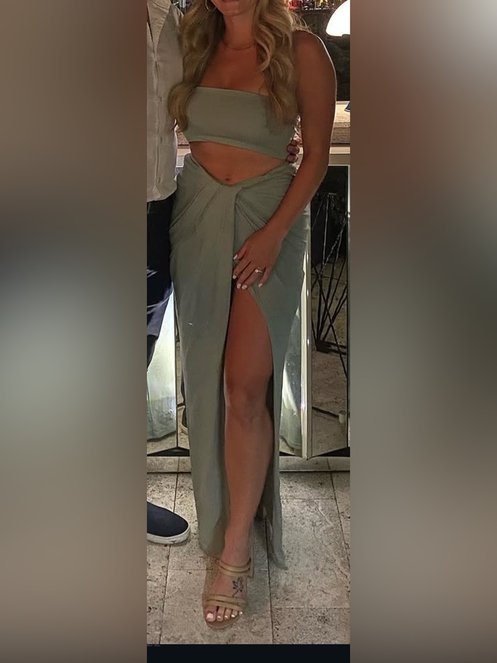 Sage Green High-Slit Maxi Matching Set — Women's Elegant Twist Front